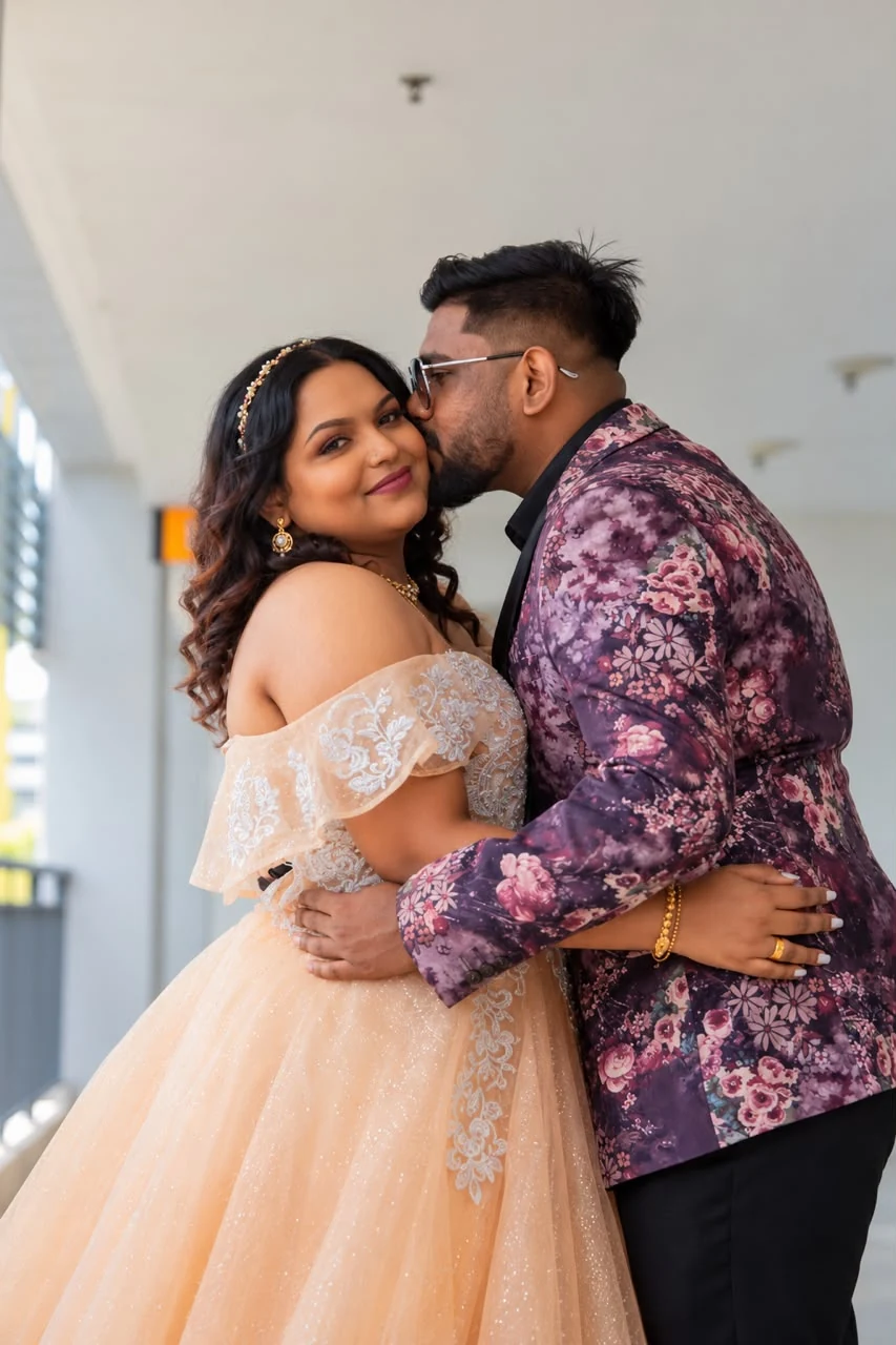 Thaneshvaran kissing Banu's cheek during their pre-wedding photoshoot