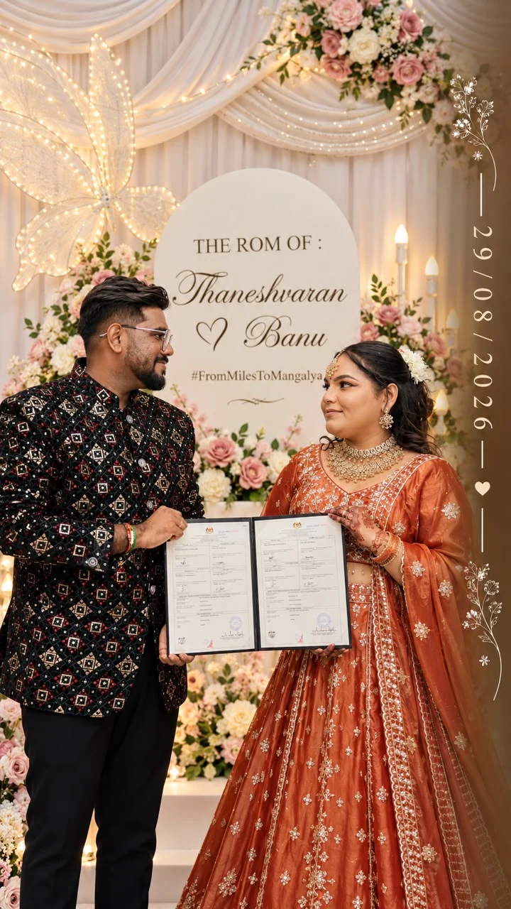 Thaneshvaran and Banu holding their registration of marriage documents